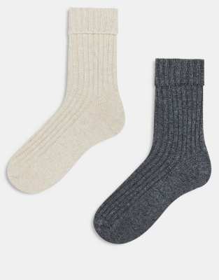 ASOS DESIGN 2 pack wool boot ankle socks in grey and oatmeal-Multi