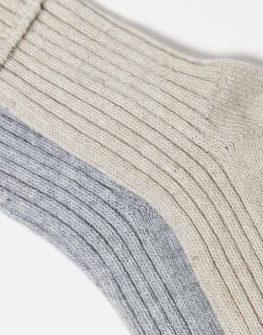 ASOS DESIGN 2 pack wool boot ankle socks in light gray and oatmeal