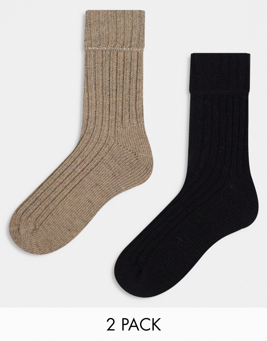 ASOS DESIGN 2 pack wool mix calf length lounge socks in brown and black-Multi
