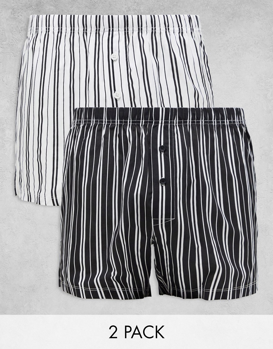 ASOS DESIGN 2 pack woven boxers in black and white stripe