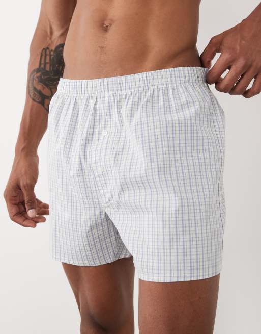 ASOS DESIGN 2 pack woven boxers in blue stripe and blue plaid, 2 of 5