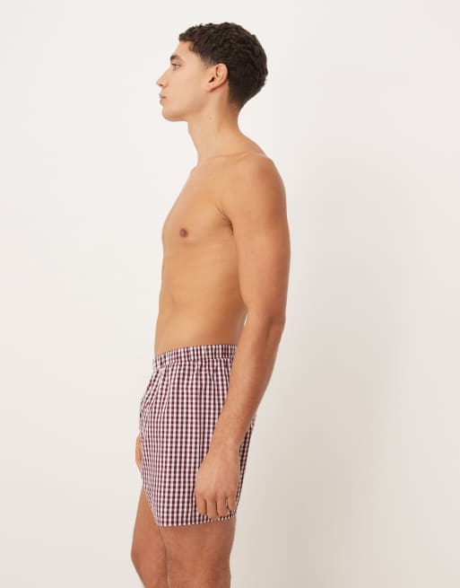 ASOS DESIGN 2 pack woven boxers in burgundy gingham check, 2 of 3