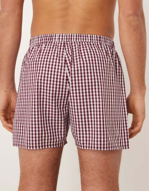 ASOS DESIGN 2 pack woven boxers in burgundy gingham plaid, 3 of 3