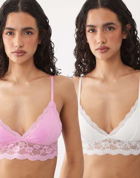 ASOS DESIGN 2-pak bomulds-BH med blondedetalje i pink og creme - view 1