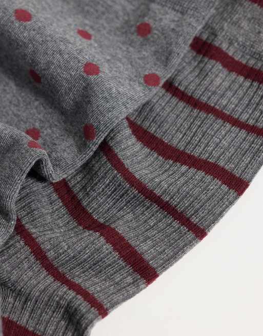 ASOS DESIGN 2-pak sokker med prikker og striber i grå og burgundy, 3 af 3