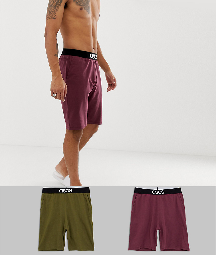 ASOS DESIGN 2 pakke pyjamas shorts i bordeaux&khaki-Multifarvet