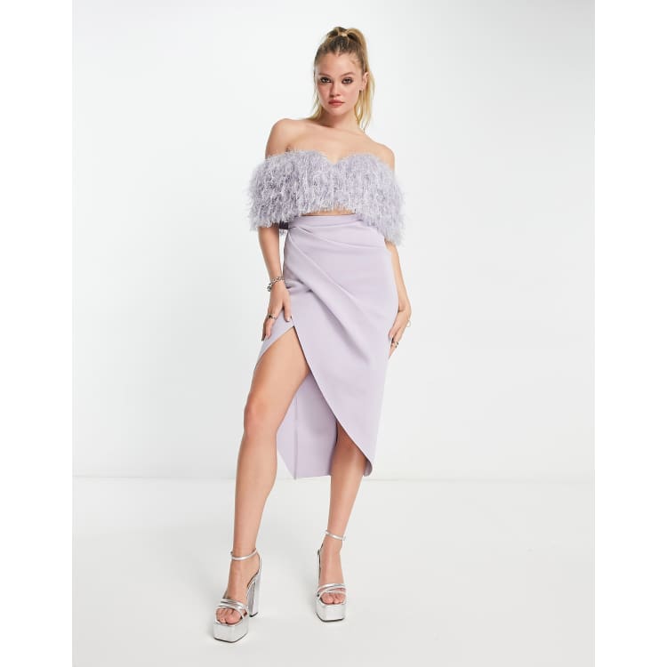asos design faux feather trim wrap maxi dress in lilac Asos Design Faux Feather Trim Wrap Maxi Dress in Lilac