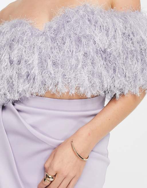 ASOS DESIGN 2 piece off shoulder pencil wrap tuck faux feather midi dress  in lilac