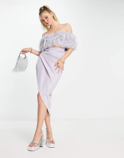 ASOS DESIGN 2 piece off shoulder pencil wrap tuck faux feather midi dress in lilac