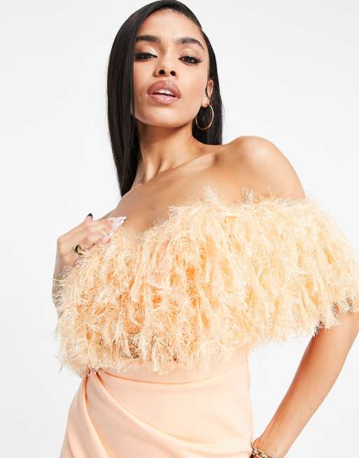 ASOS DESIGN 2 piece off shoulder pencil wrap tuck faux feather midi dress in peach