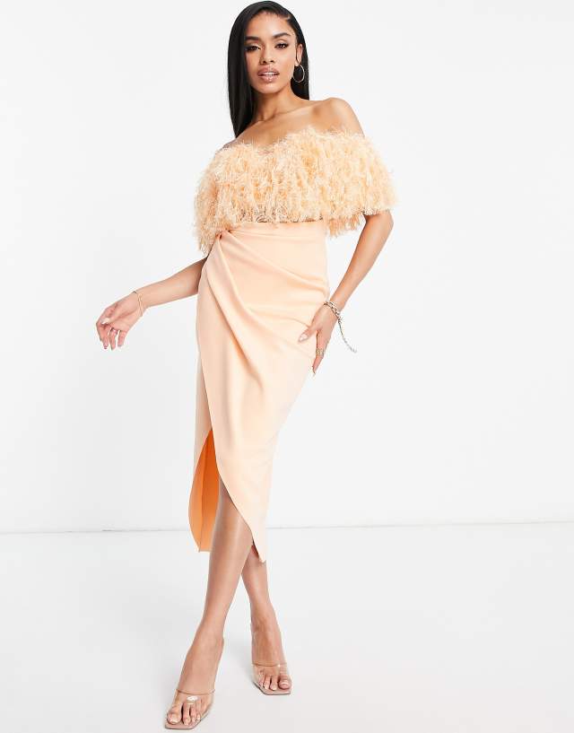 ASOS DESIGN 2 piece off shoulder pencil wrap tuck feather midi dress in peach