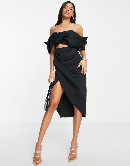 ASOS DESIGN 2 piece off shoulder pencil wrap tuck midi dress in black