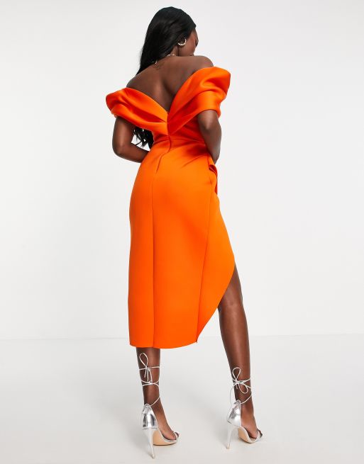 ASOS DESIGN wrap off shoulder crop top in tangerine