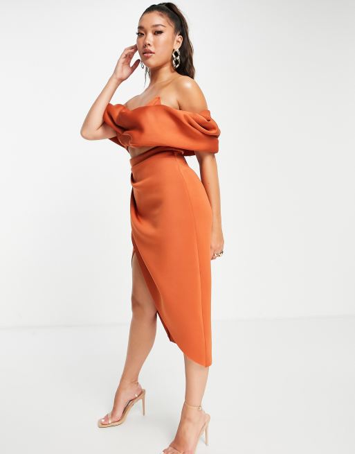 ASOS DESIGN 2 piece off shoulder pencil wrap tuck midi dress in