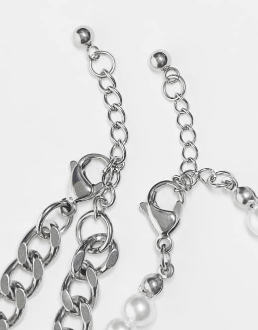 ASOS DESIGN – 2er-Pack Armbänder aus Edelstahl im silberfarbenen Ketten- und Perlen-Design, 2 von 4