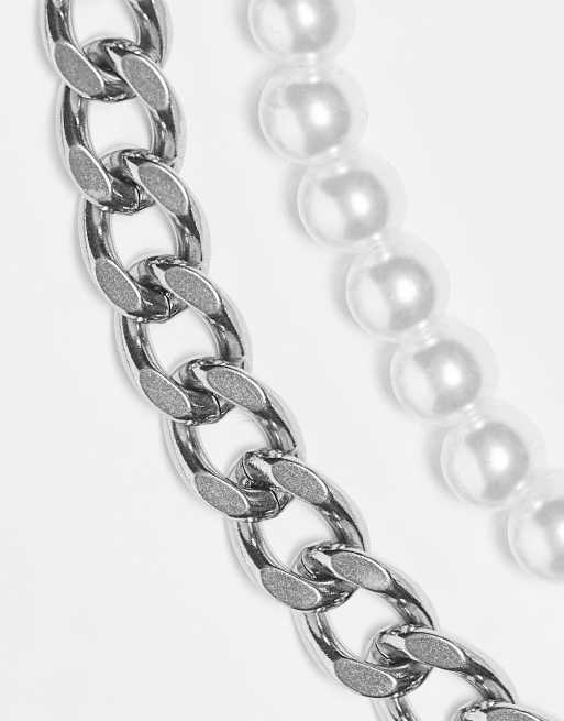 ASOS DESIGN – 2er-Pack Armbänder aus Edelstahl im silberfarbenen Ketten- und Perlen-Design, 3 von 4