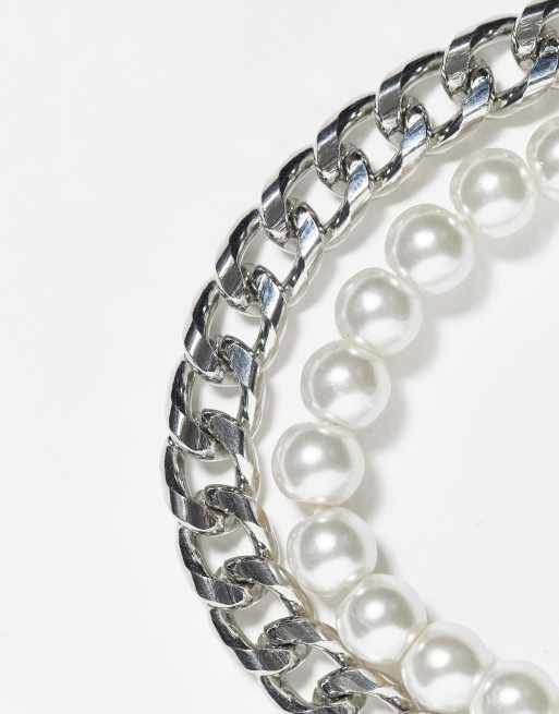ASOS DESIGN – 2er-Pack Armbänder mit Kette und Kunstperlen in Silberoptik, 4 von 4