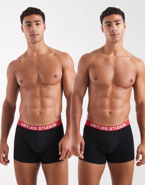 ASOS DESIGN – 2er Pack Badehosen mit rotem Bund in Schwarz - view 1