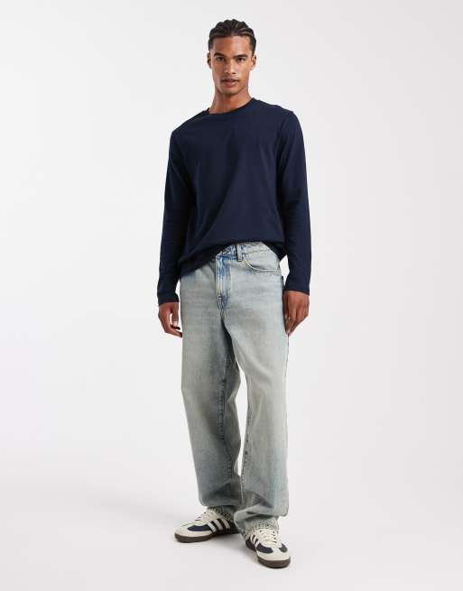 ASOS DESIGN – 2er-Pack Basic-Langarmshirt in Marineblau und meliertem Grau mit Regular-Fit-Schnitt , 2 von 5