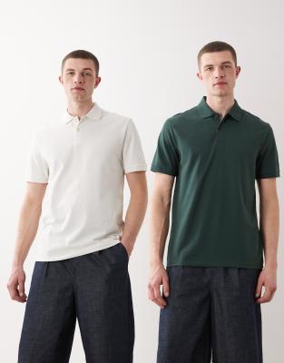 Er-Pack Basic-Polohemden aus Pikee in Cremeweiß und Dunkelgrün mit Regular-Fit-Schnitt-Mehrfarbig Mehrfarbig S
