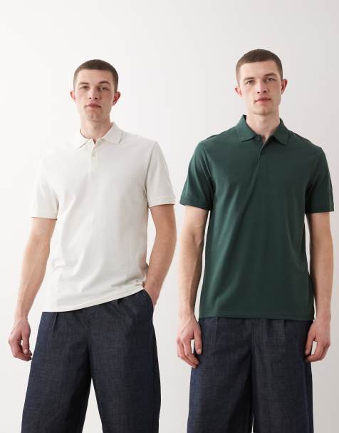 ASOS DESIGN – 2er-Pack Basic-Polohemden aus Pikee in Cremeweiß und Dunkelgrün mit Regular-Fit-Schnitt - view 1