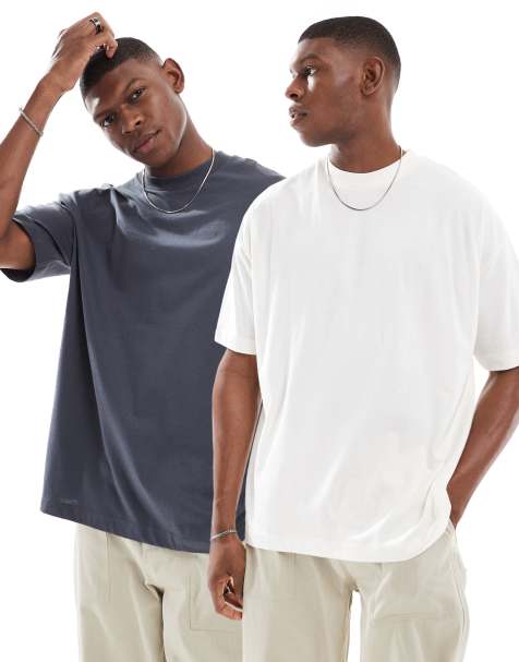 ASOS DESIGN – 2er-Pack Basic-T-Shirts in Creme und Anthrazit, Oversize-Passform - view 1