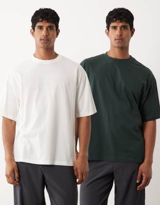 Er-Pack Basic-T-Shirts in Cremeweiß und Grün mit Oversize-Schnitt-Mehrfarbig Mehrfarbig M