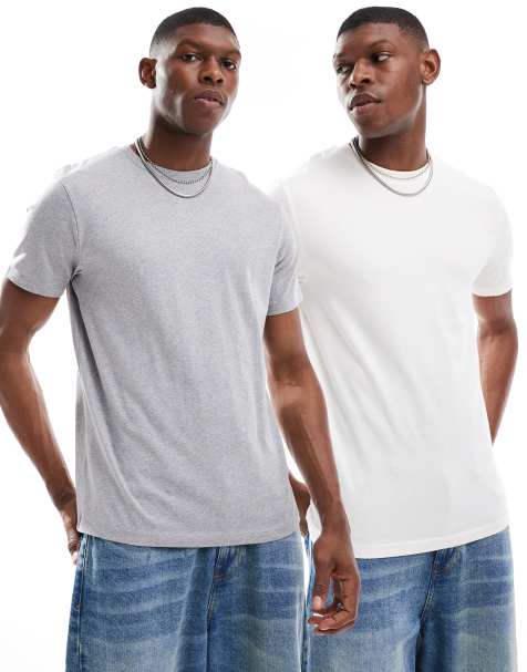 ASOS DESIGN – 2er-Pack Basic-T-Shirts in Grau und Cremeweiß mit Rundhalsausschnitt - view 1