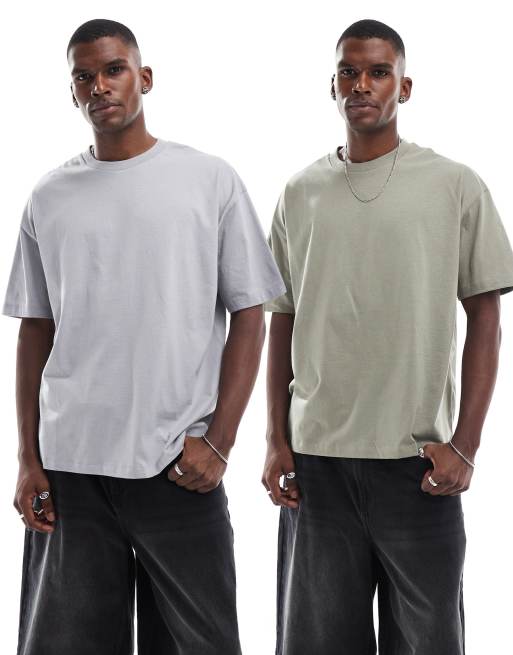ASOS DESIGN – 2er-Pack Basic-T-Shirts in Grau und Khaki mit Oversize-Passform  