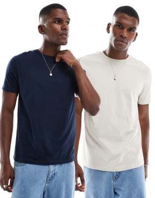 ASOS DESIGN – 2er-Pack Basic-T-Shirts in Marineblau und Steinbeige mit Rundhalsausschnitt - view 1
