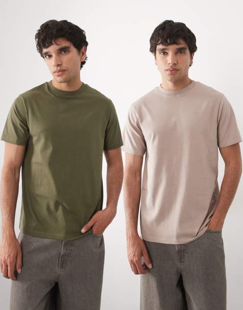 ASOS DESIGN – 2er-Pack Basic-T-Shirts in Steinbeige und Khaki mit Regular-Fit-Schnitt - view 1
