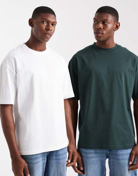 ASOS DESIGN – 2er-Pack Basic-T-Shirts in Weiß und Khaki mit Oversize-Passform - view 1