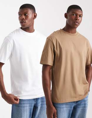 ASOS DESIGN – 2er-Pack Basic-T-Shirts mit Relaxed Fit in Weiß und Braun ...