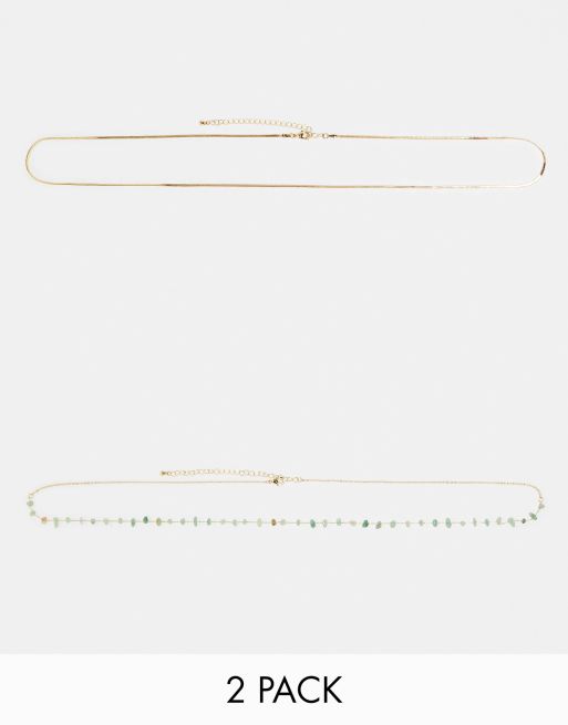 ASOS Design – 2er-Pack Bauchketten in Gold-Optik mit echten Halbedelsteinen in Grüntönen