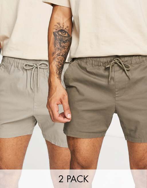 ASOS DESIGN – 2er-Pack Chino-Shorts in Beige und Braun mit engem, kürzerem Schnitt 