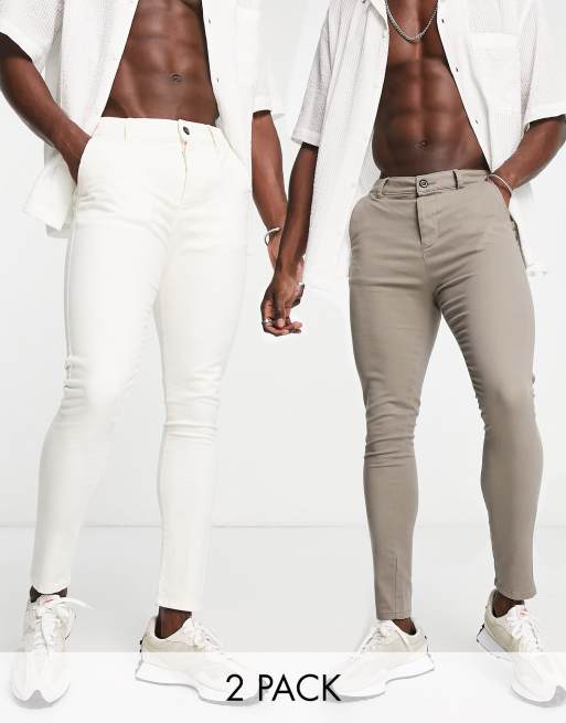 ASOS DESIGN – 2er-Pack Chinohosen aus Powerstretch in gebrochenem Weiß und Braun (Sparangebot)