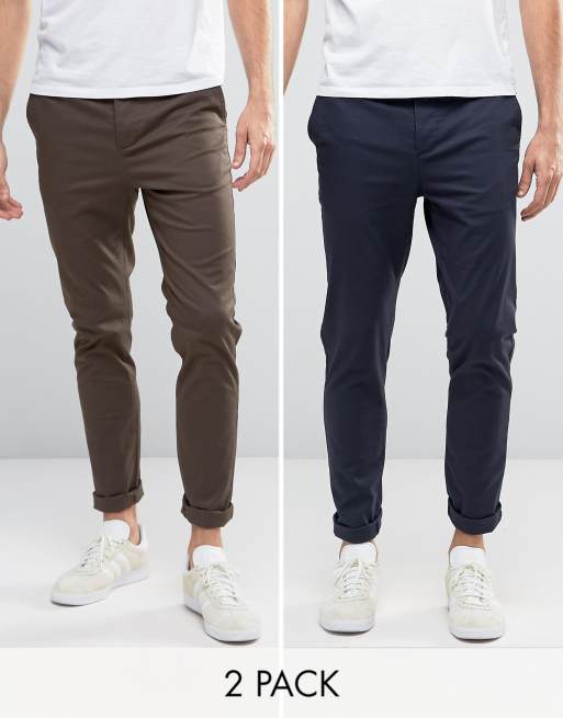 ASOS DESIGN – 2er-Pack enge Chinohosen in Marine & Braun, Rabatt