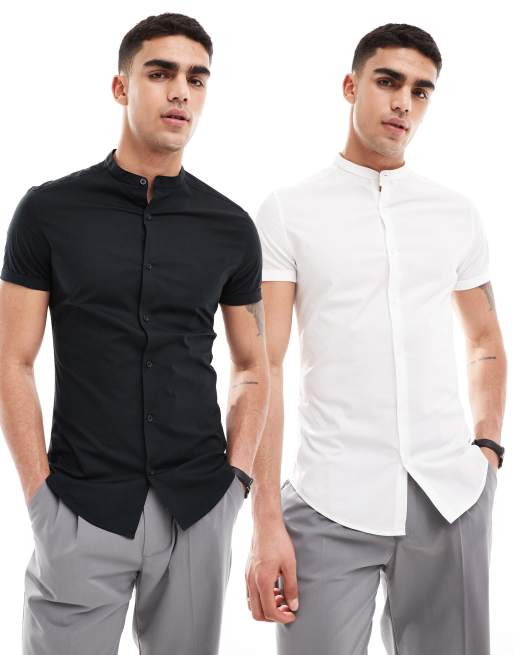 ASOS DESIGN – 2er-Pack enge Hemden in Weiß/Schwarz mit Grandad-Kragen und Umschlagsaum an den Ärmeln
