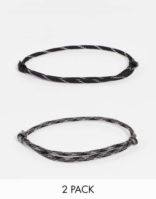 ASOS DESIGN – 2er-Pack Festival-Kordelfußkettchen in Schwarz und Grau gemischt  