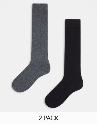 ASOS Design - 2er-Pack gerippte Kniestrümpfe in Schwarz und Grau-Bunt