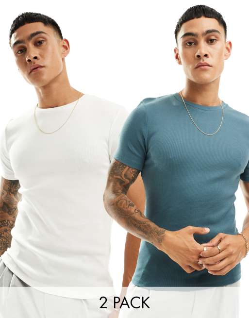 ASOS DESIGN – 2er-Pack gerippte Muskel-T-Shirts in Anthrazit und Weiß