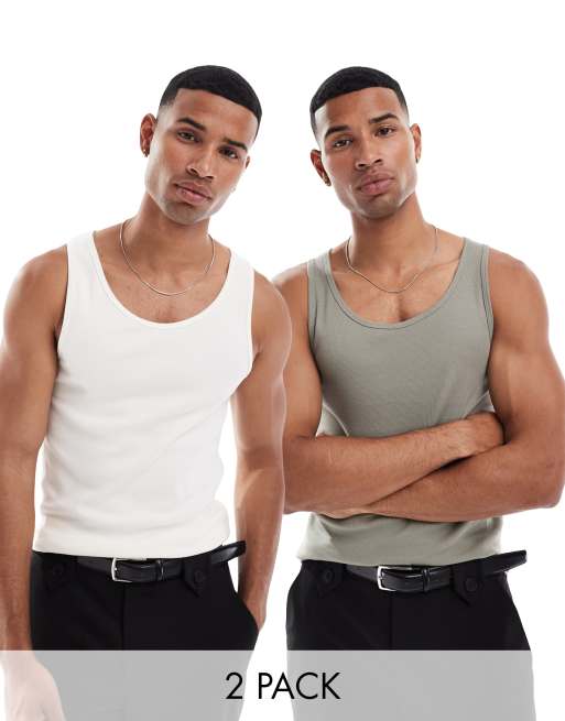 ASOS DESIGN – 2er-Pack gerippte Muskel-Trägertops in gebrochenem Weiß und Khaki