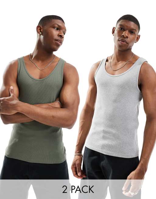 ASOS DESIGN – 2er-Pack gerippte Muskel-Trägertops in Khaki und Grau meliert