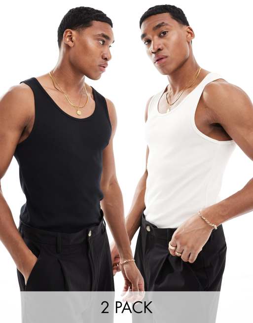 ASOS DESIGN – 2er-Pack gerippte Muskel-Trägertops in Schwarz und Ecru
