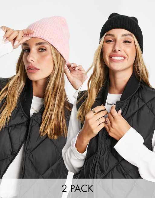 ASOS DESIGN – 2er-Pack gerippte Strickmützen mit breitem Umschlag in Rosa und Schwarz
