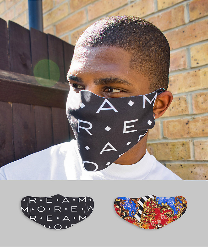 ASOS DESIGN – 2er-Pack Gesichtsmasken mit Barock- und Sloganprint-Mehrfarbig