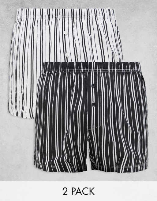 ASOS DESIGN – 2er-Pack gewebte Boxershorts in Schwarz und Weiß gestreift