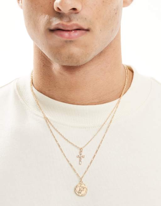 ASOS DESIGN – 2er-Pack goldfarbene Halsketten mit Kreuz- und Münzanhänger