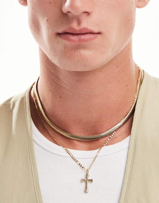 ASOS DESIGN – 2er-Pack goldfarbene Halsketten mit Schlangenglieder-Design und Kreuzanhänger