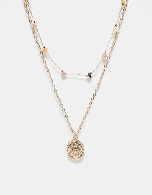 ASOS DESIGN - 2er-Pack goldfarbene Halsketten mit Steinsplittern und Münzdetail